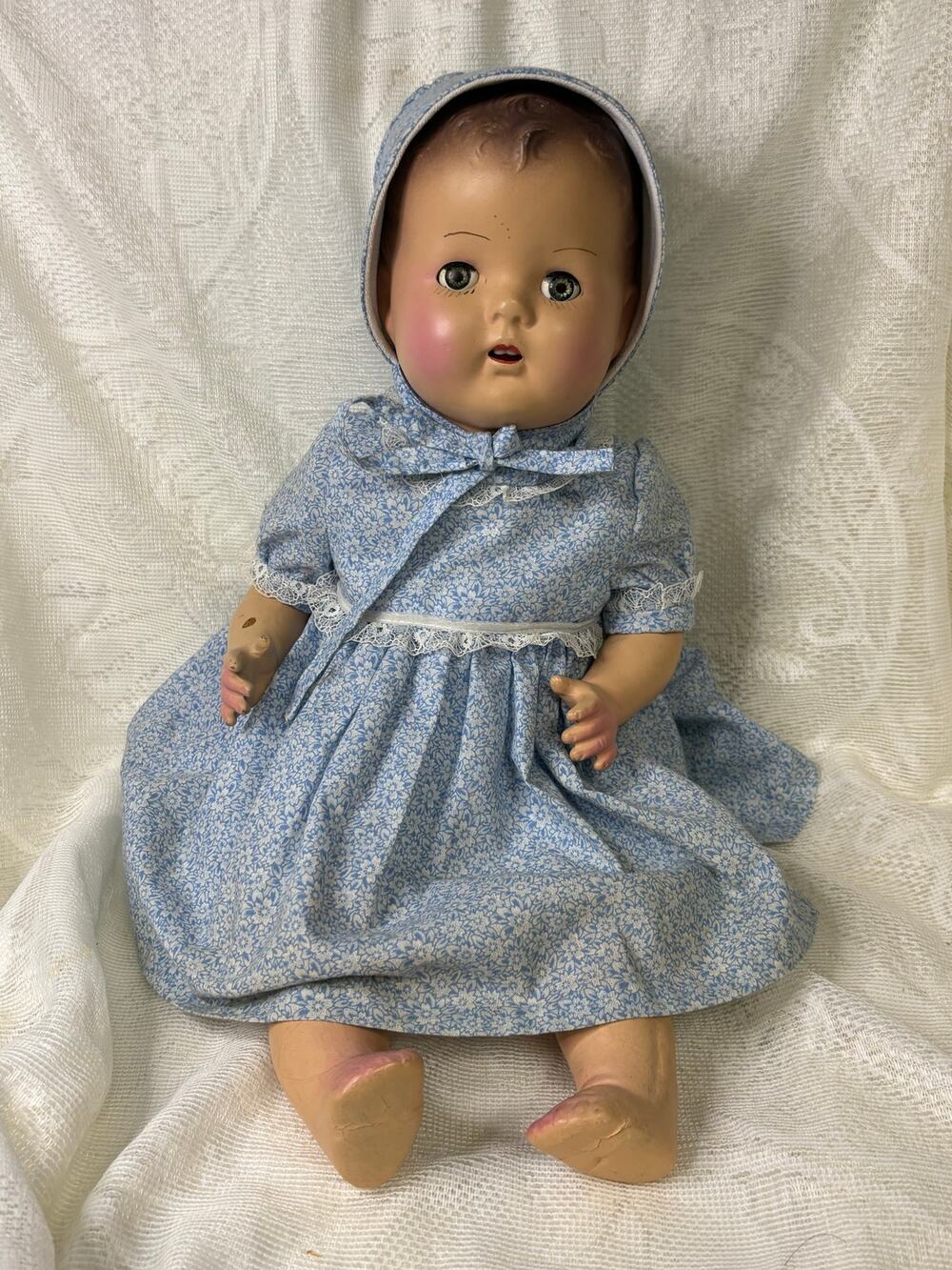 Vintage 1930s-40s Mama Doll Sleep Eyes Teeth Composite Sawdust Body Unmarked